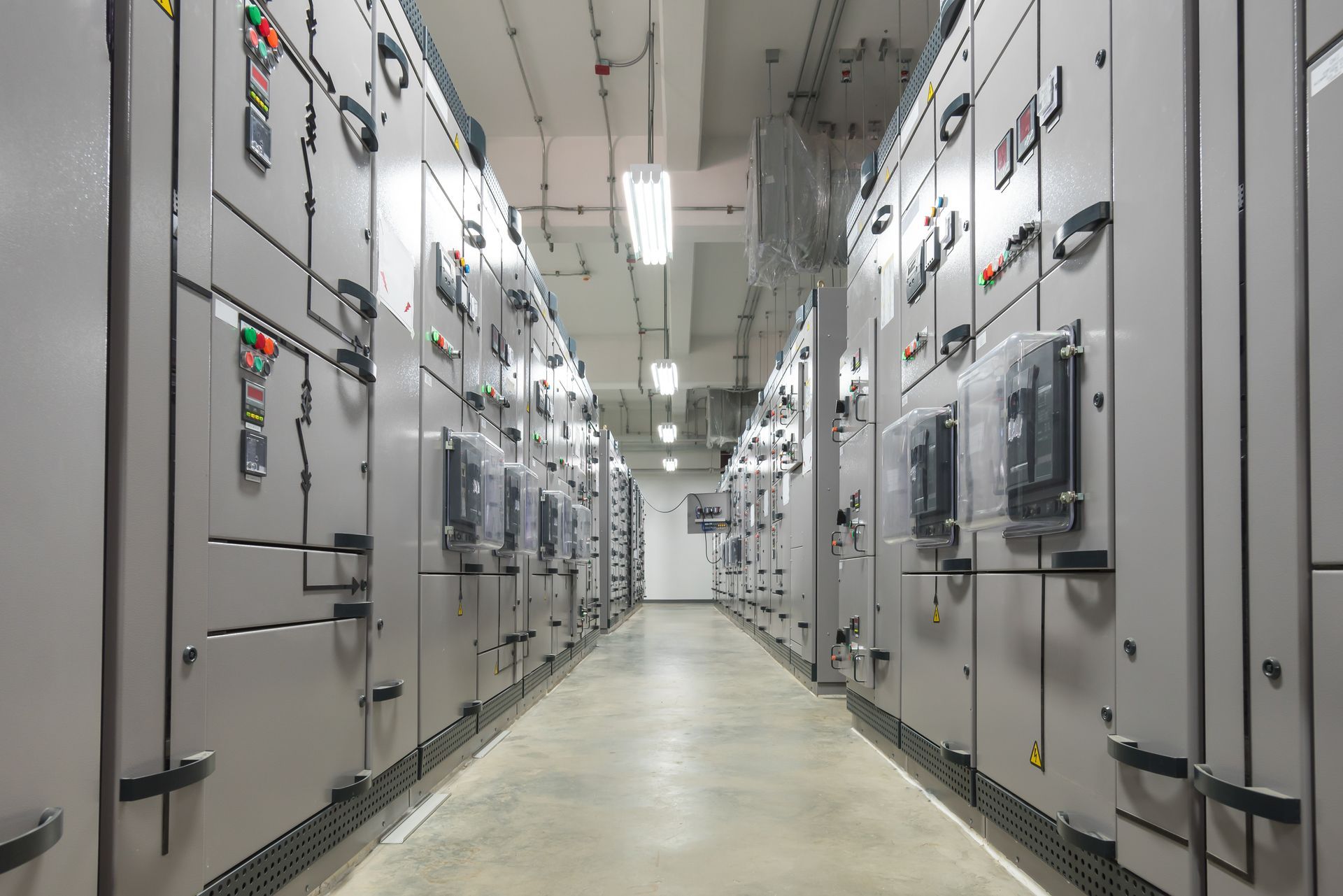 A long hallway filled with lots of electrical panels in a building.