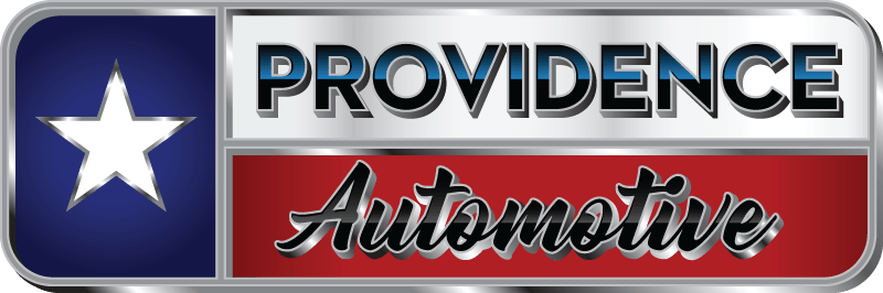 Providence Automotive logo with white star on blue, blue text, and red script on metallic background