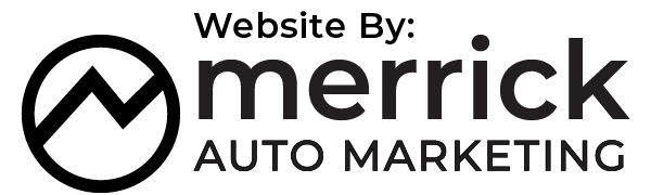 A logo for merrick auto marketing with a red and yellow arrow