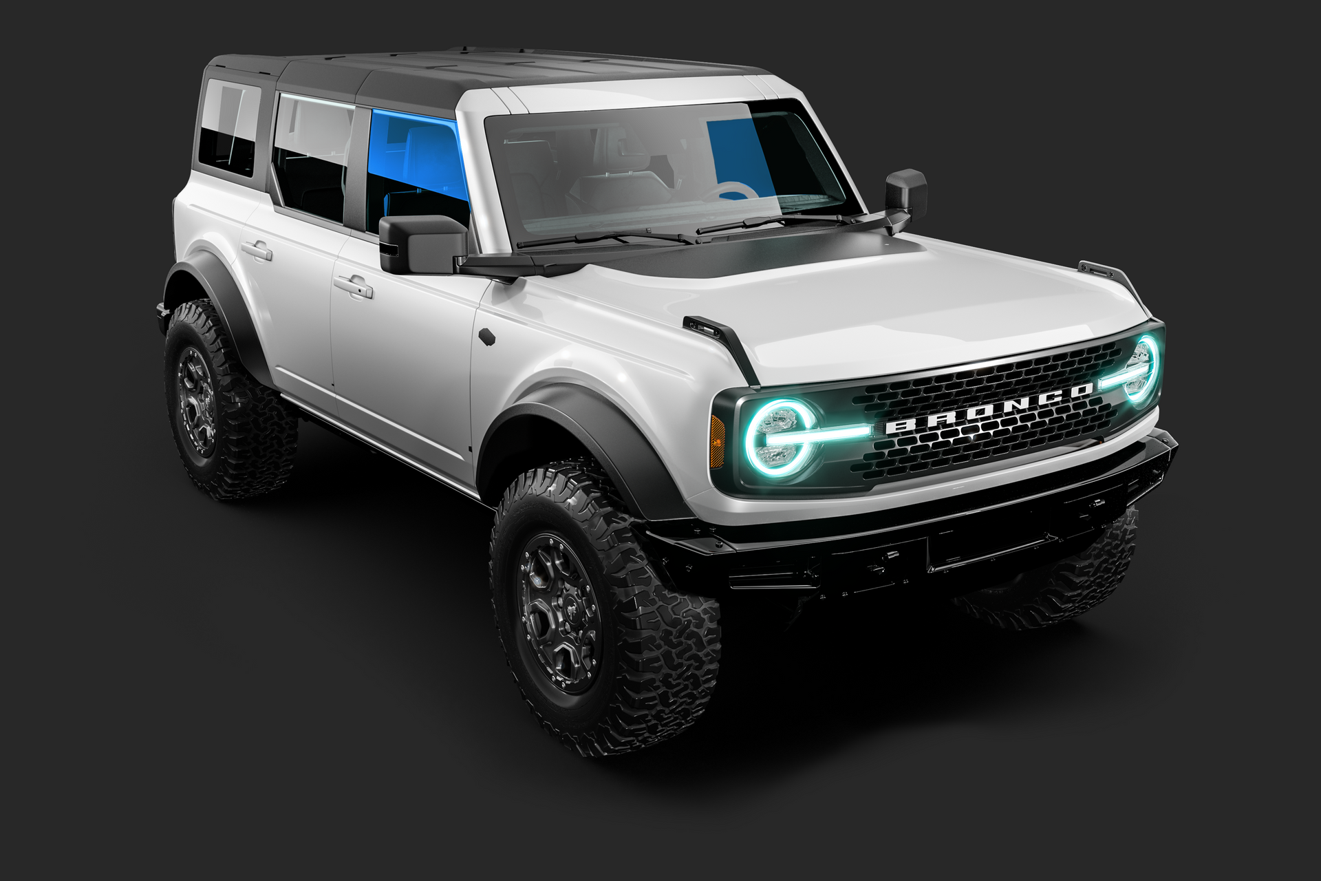 White Ford Bronco SUV with black accents, front view.
