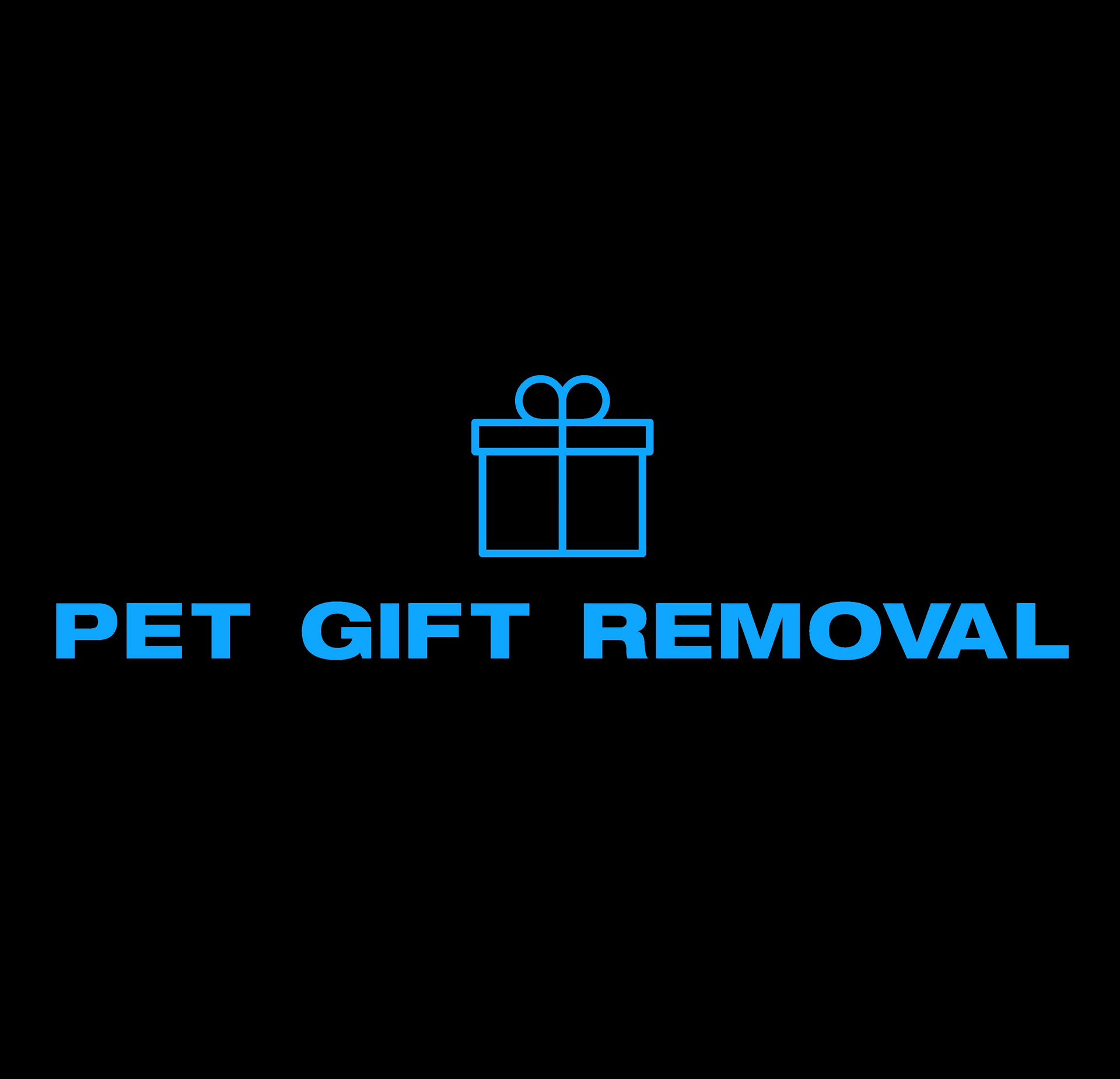 Blue gift box icon above the words "PET GIFT REMOVAL" in blue text on a black background.