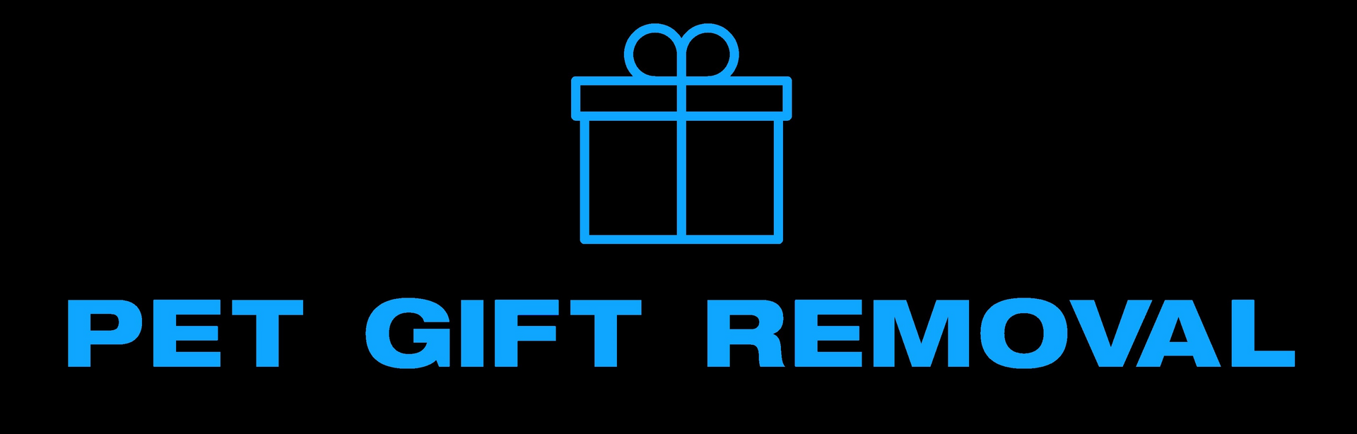 Blue gift box icon above the words "PET GIFT REMOVAL" in blue text on a black background.