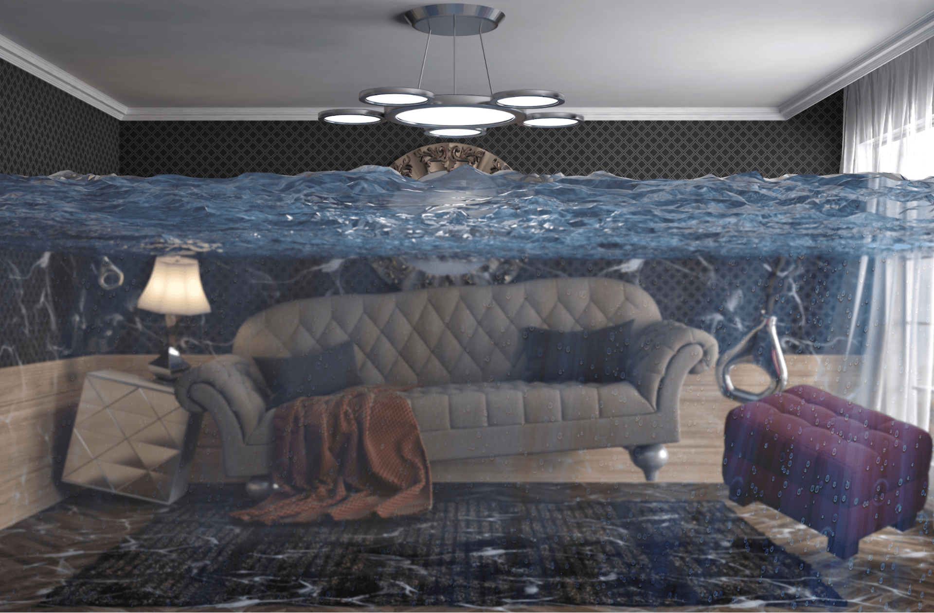 Rendering of a living room flooding with water. Restoration 1 of Hunterdon County.