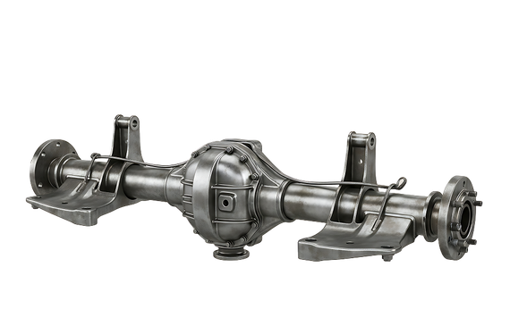Metal rear axle assembly with differential and brake parts on a white background | Boeser Automotive