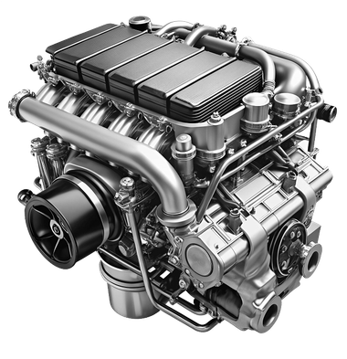 Silver car engine on a white background, shown in a detailed 3D render. | Boeser Automotive