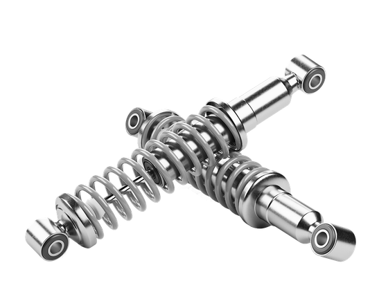 Silver shock absorber springs and struts crossed in an X shape on a white background | Boeser Automotive