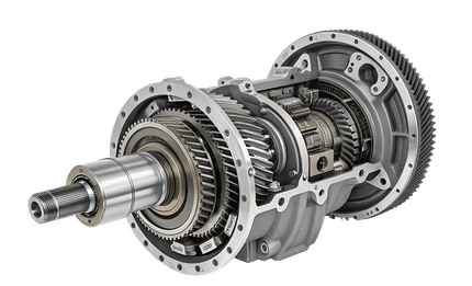 Cutaway of a metal automotive transmission gearbox with gears and a shaft | Boeser Automotive