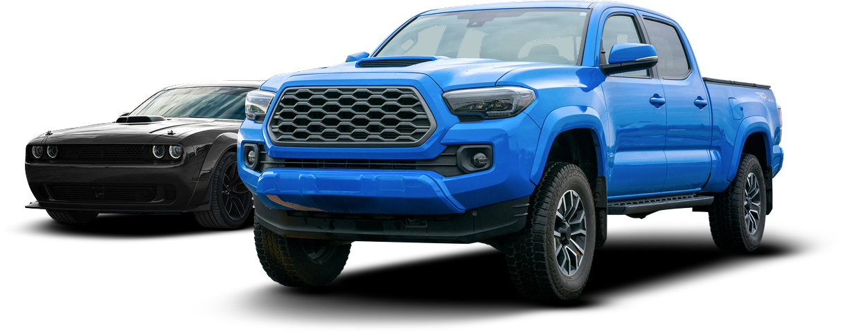 Blue pickup truck in front of a black sports car on a white background | Boeser Automotive