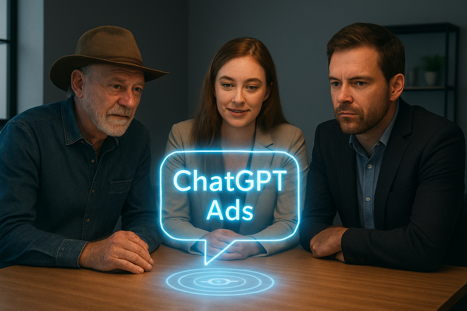 Australian small business owners reviewing ChatGPT Ads technology in a modern office setting.