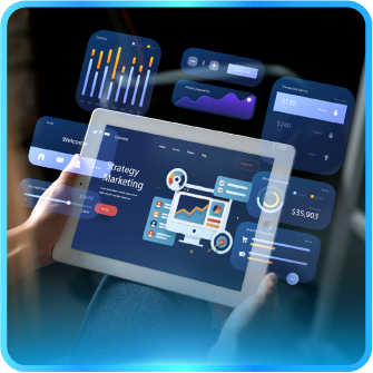 Hands holding tablet displaying a marketing strategy with floating data visualizations.