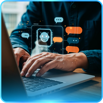 Person typing on laptop, overlaid with digital chatbot interface with speech bubbles.