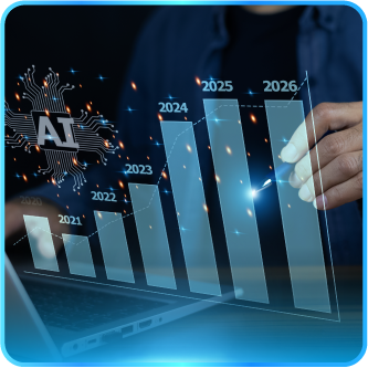 A person's hands touching a rising bar graph labeled AI, 2021-2026, with an AI circuit board graphic.