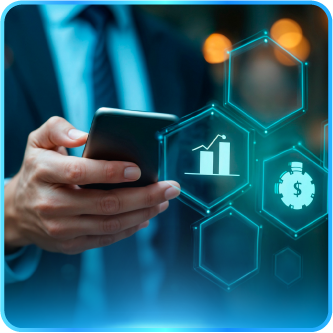 Person in suit using smartphone; financial data and time icons overlaid.