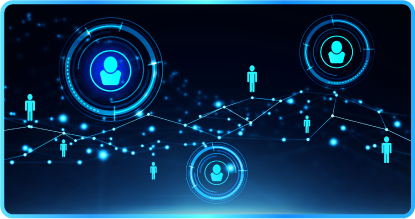 Three people analyzing data on monitors in a modern office with city views.