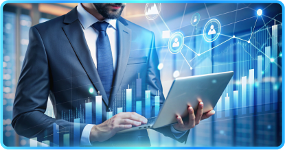 Hands interacting with a touch screen displaying data visualizations: bar graphs and a donut chart, with blue accents.