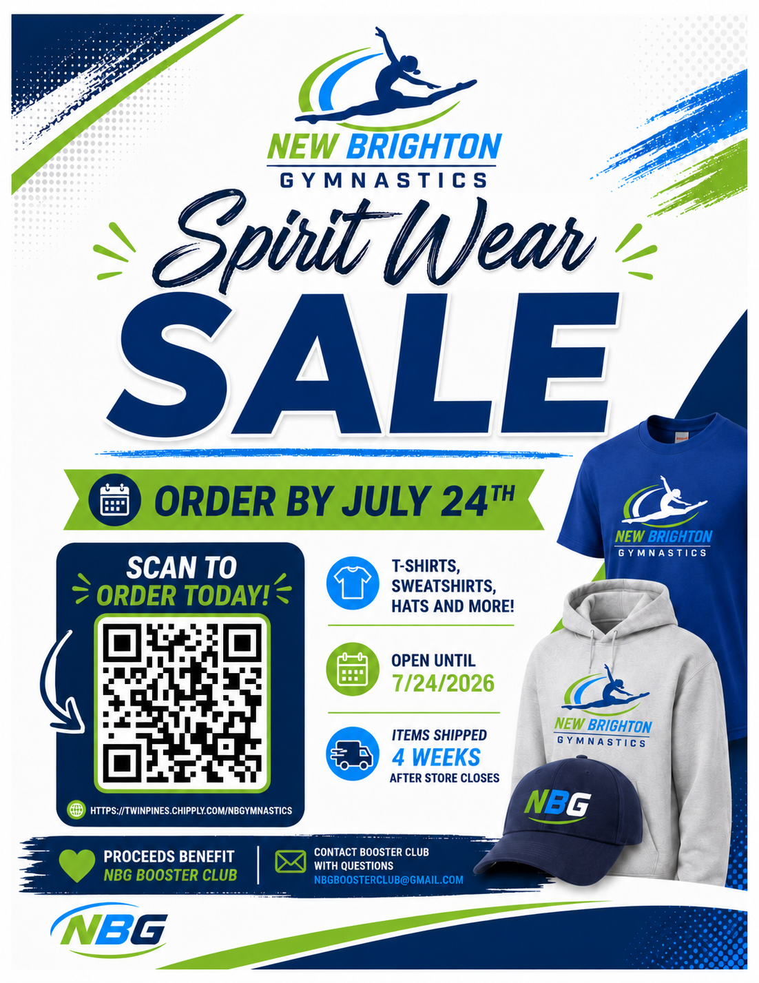 New Brighton Gymnastics spirit wear sale flyer with navy, green and white shirts, hoodie, hat, and QR code