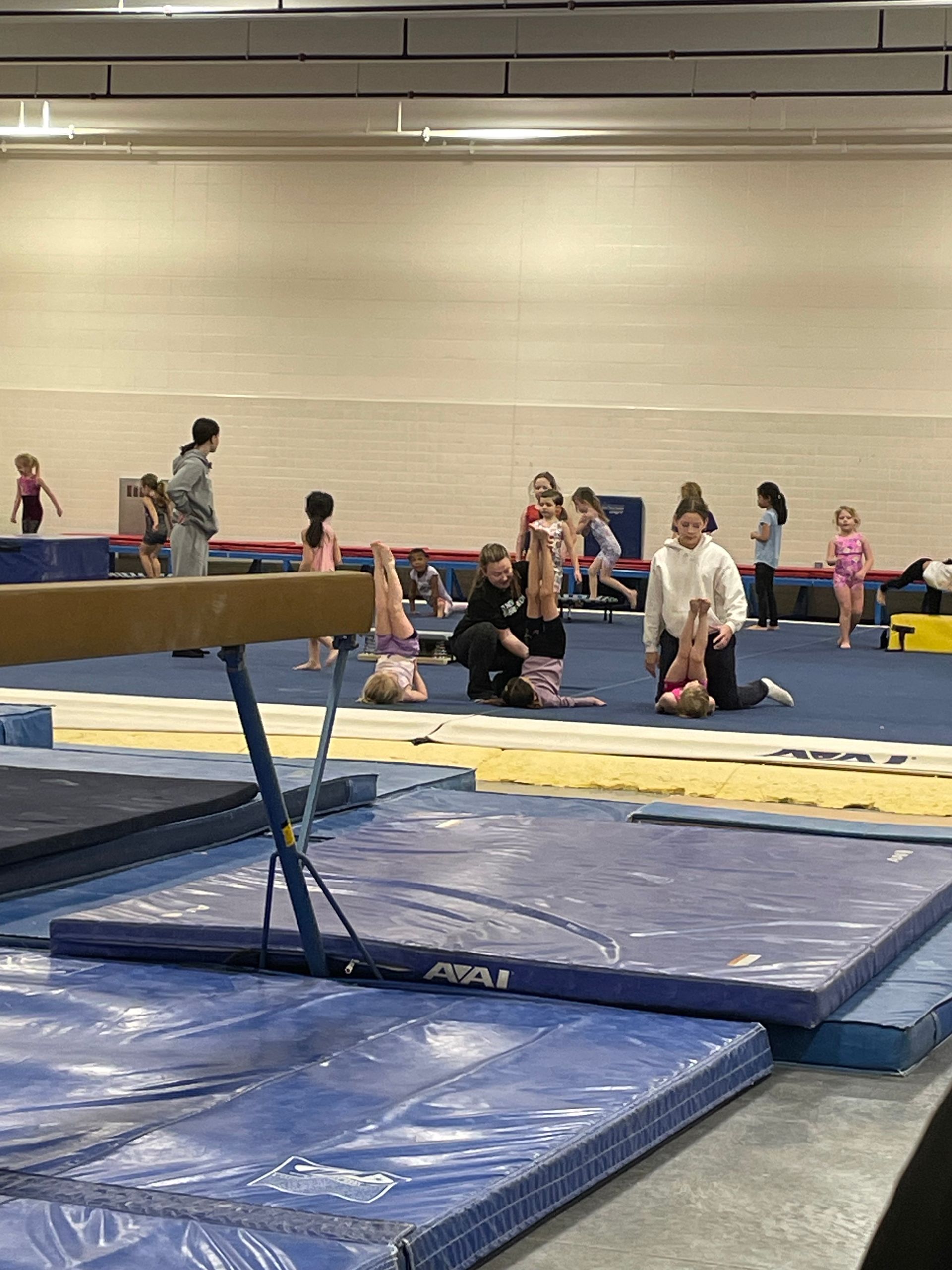 Gymnastics class with kids and coaches, mats and balance beam.