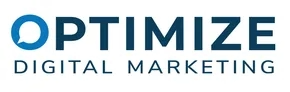 Logo with the word OPTIMIZE in a dark teal font and the bottom line reads DIGITAL MARKETING in a grey font.