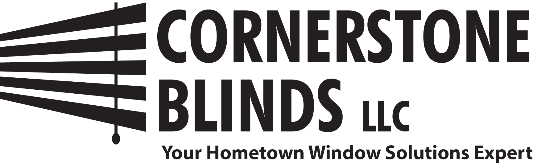 Logo for Cornerstone Blinds LLC, featuring an icon of window blinds to the left of the company name and tagline.