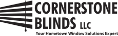Logo for Cornerstone Blinds LLC, featuring an icon of window blinds to the left of the company name and tagline.