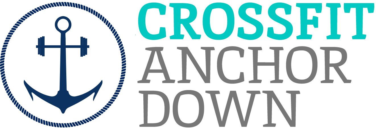 Logo for CrossFit Anchor Down featuring a navy blue anchor integrated with a barbell in a circle, next to its name.