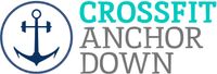 Logo for CrossFit Anchor Down featuring a navy blue anchor integrated with a barbell in a circle, next to its name.