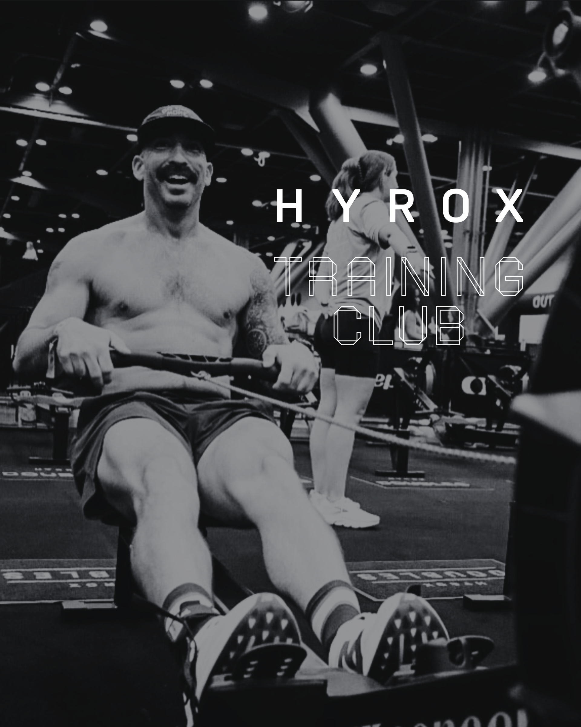 A black-and-white photo of an smiling person rowing in a gym with the text 