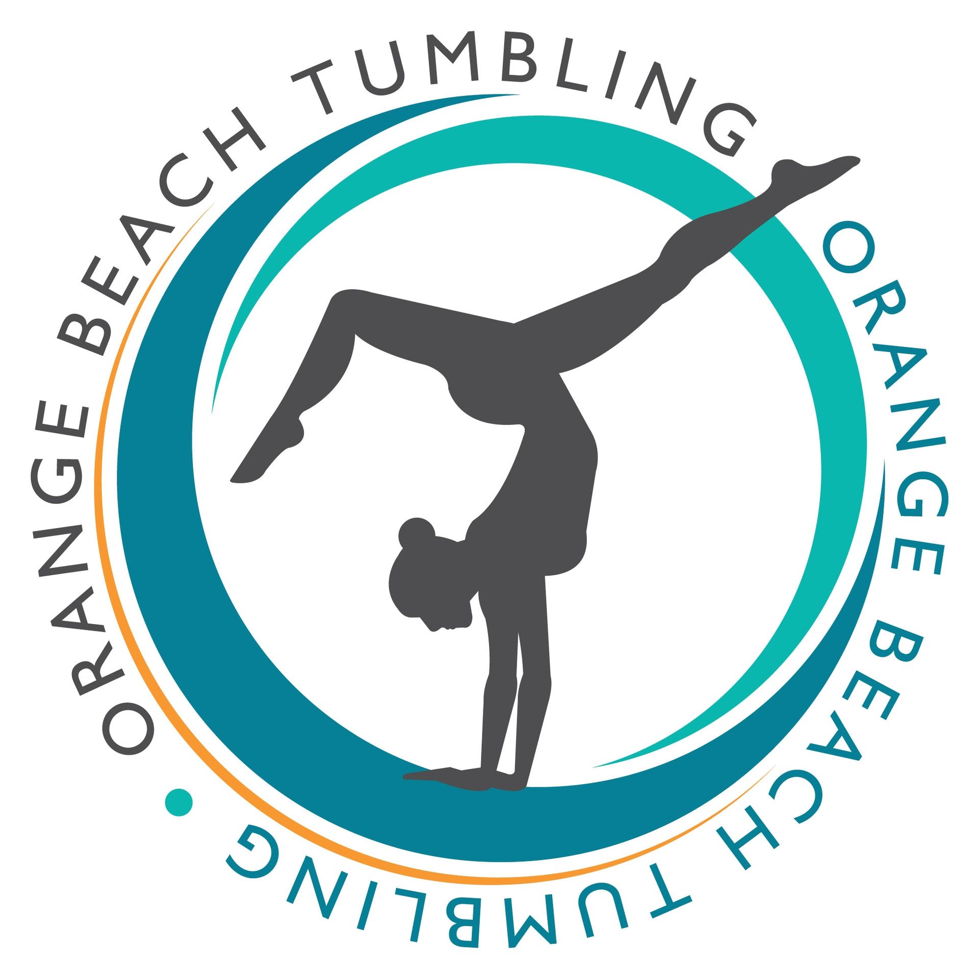 Logo for Orange Beach Tumbling featuring a silhouette of a person in a handstand inside a teal circular frame.
