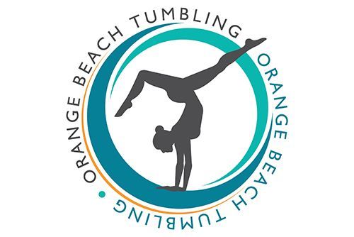 Logo for Orange Beach Tumbling: A teal and gold circular frame surrounding a silhouette of a person doing a handstand.