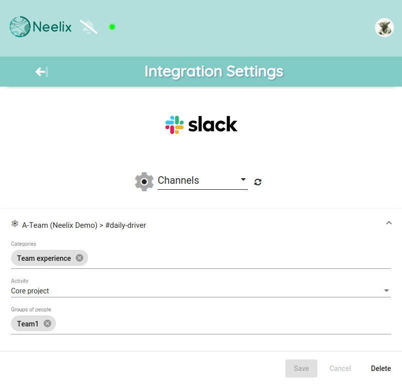 Slack channel integration settings | Neelix Platform