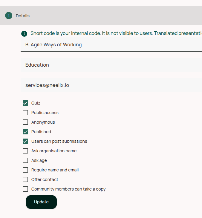 Quizz configuration | Neelix Platform