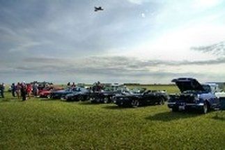 A group of cars are parked in a grassy field.