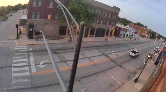 An aerial view of a city street taken by esterville communications