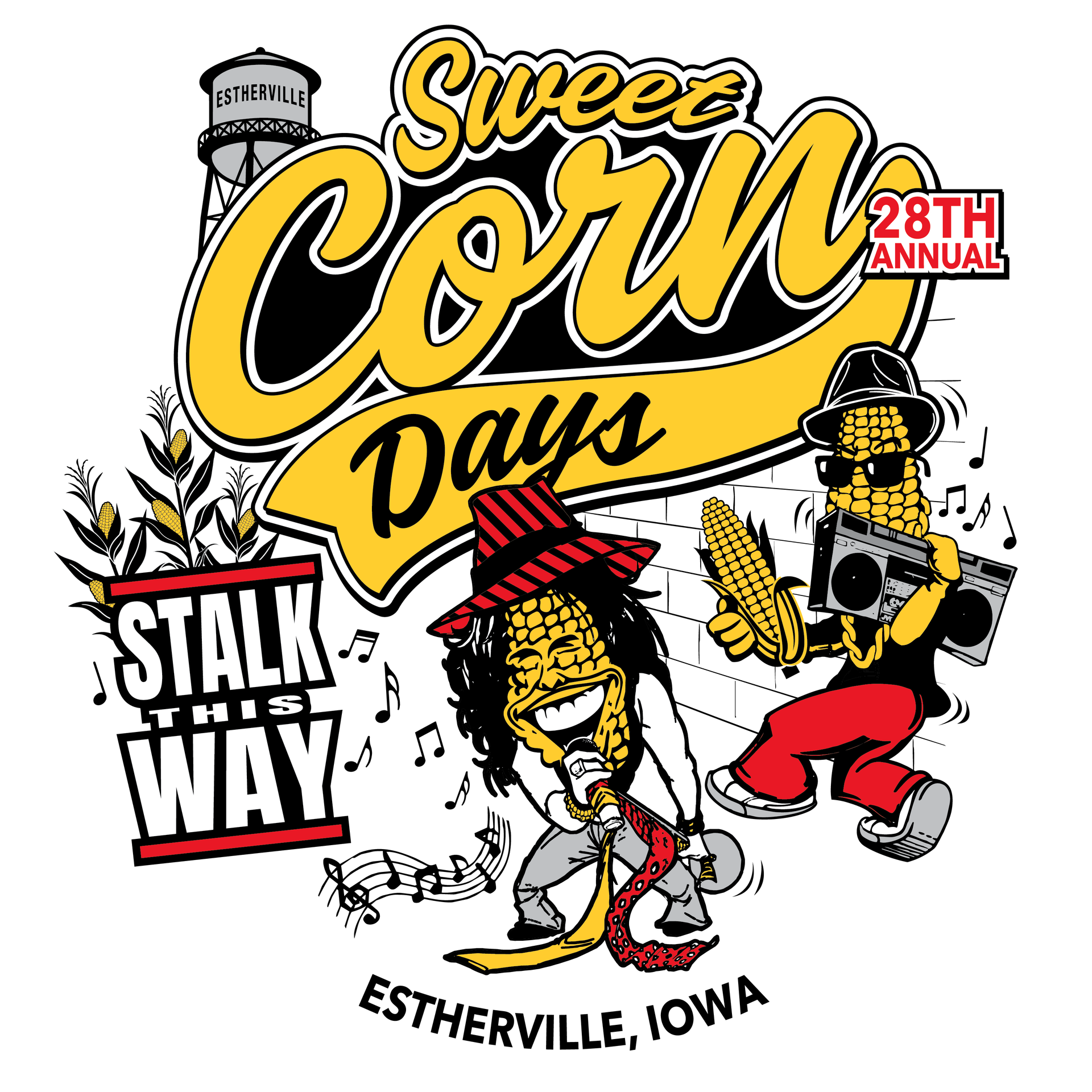 A poster for esterville sweet corn days with a boy and corn on it