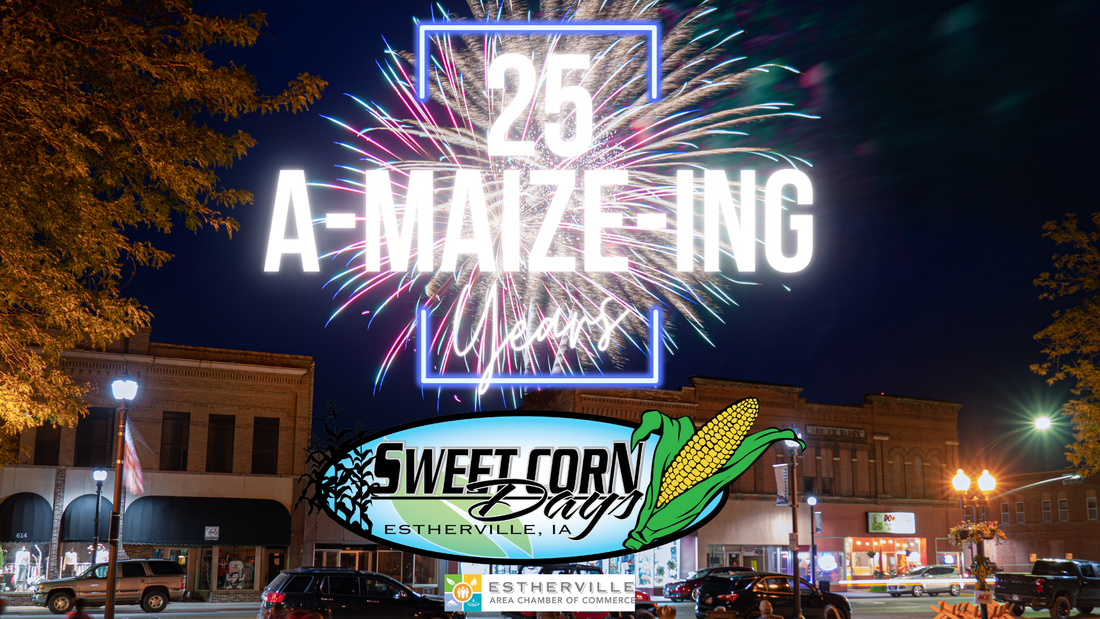 There is a fireworks display in the background and a sign that says a-maize-ing.