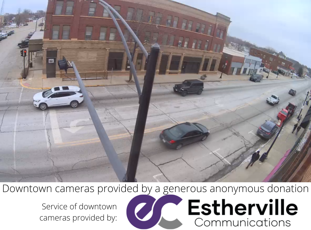 An aerial view of a city street taken by esterville communications