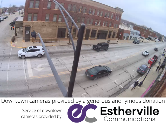 An aerial view of a city street taken by esterville communications