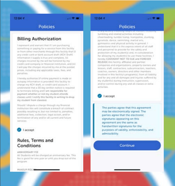 Two screenshots of a phone screen showing policies and billing authorization