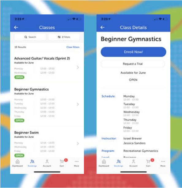 Two screenshots of a beginner gymnastics app