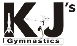 A black and white logo for kj 's gymnastics with a gymnast doing a handstand.