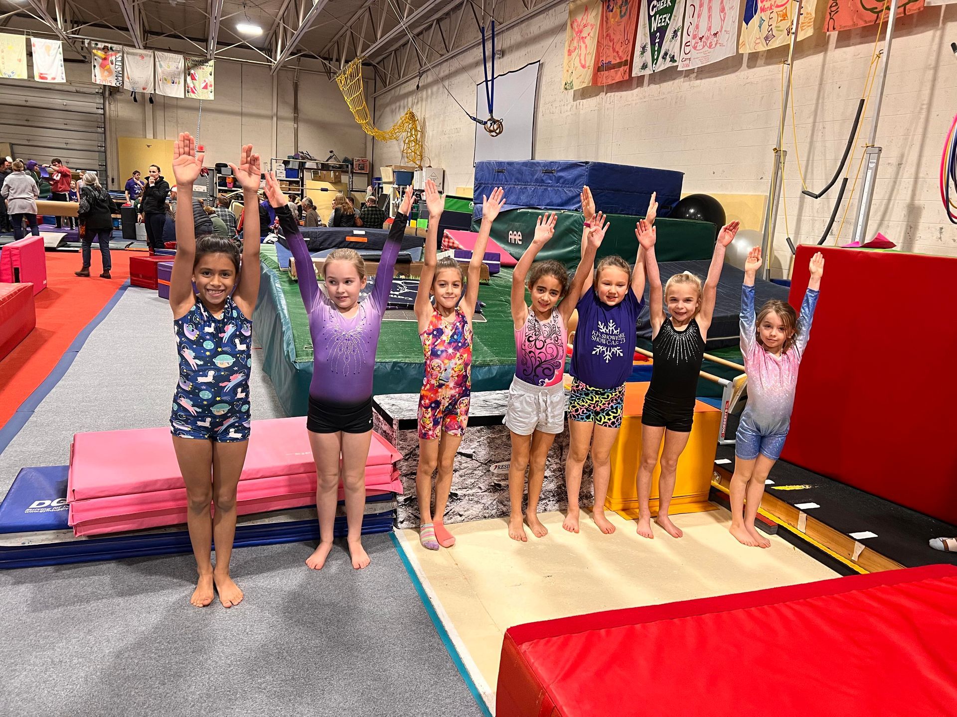 A group of young girls are standing in a gym with their hands in the air.