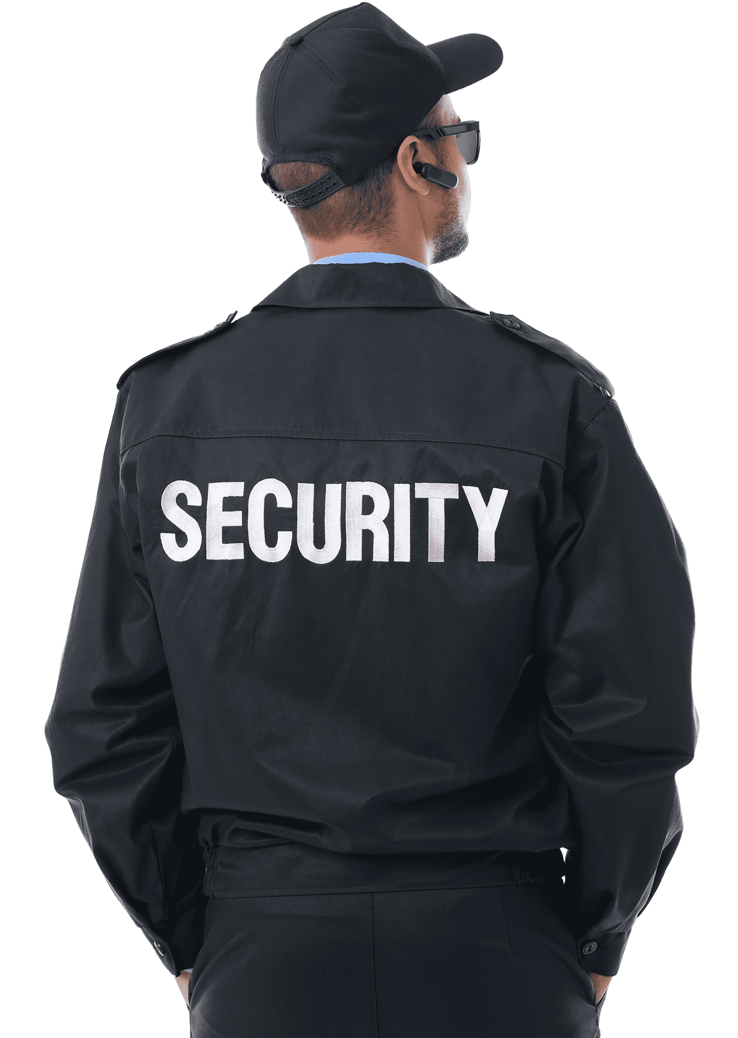 A security guard is wearing a black jacket with the word security on the back.