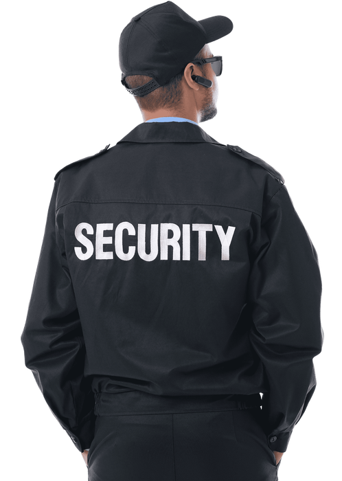 A security guard is wearing a black jacket with the word security on the back.