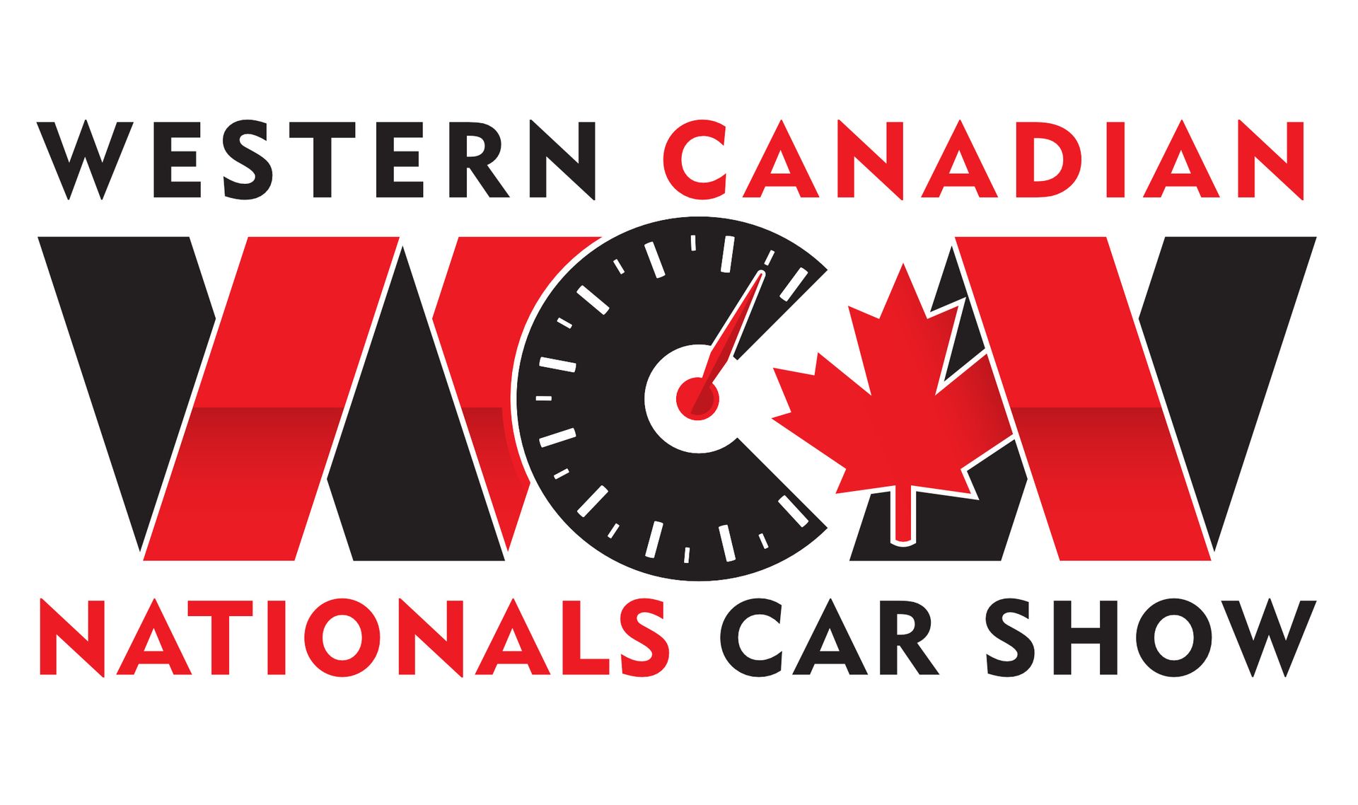 Logo for Western Canadian Nationals Car Show: Red and black text and stylized letters with a speedometer and maple leaf.