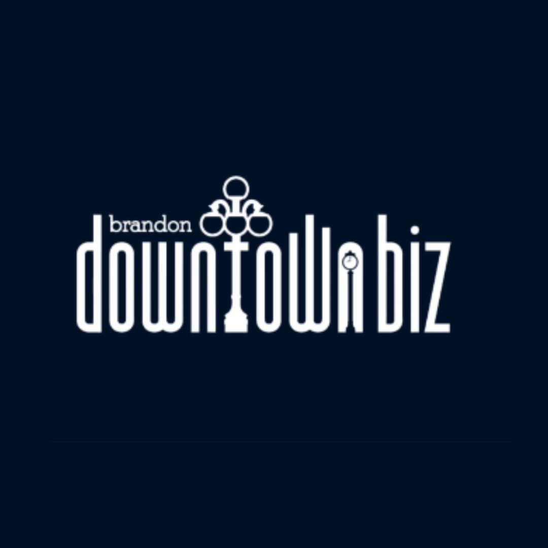 A logo for brandon downtown biz on a dark blue background