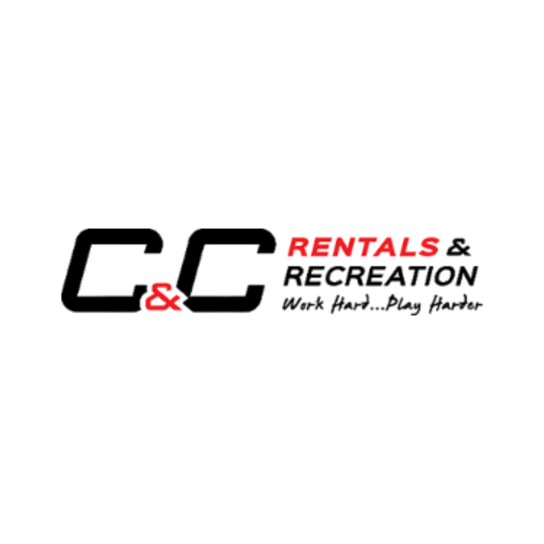 The logo for cc rentals and recreation is black and red.