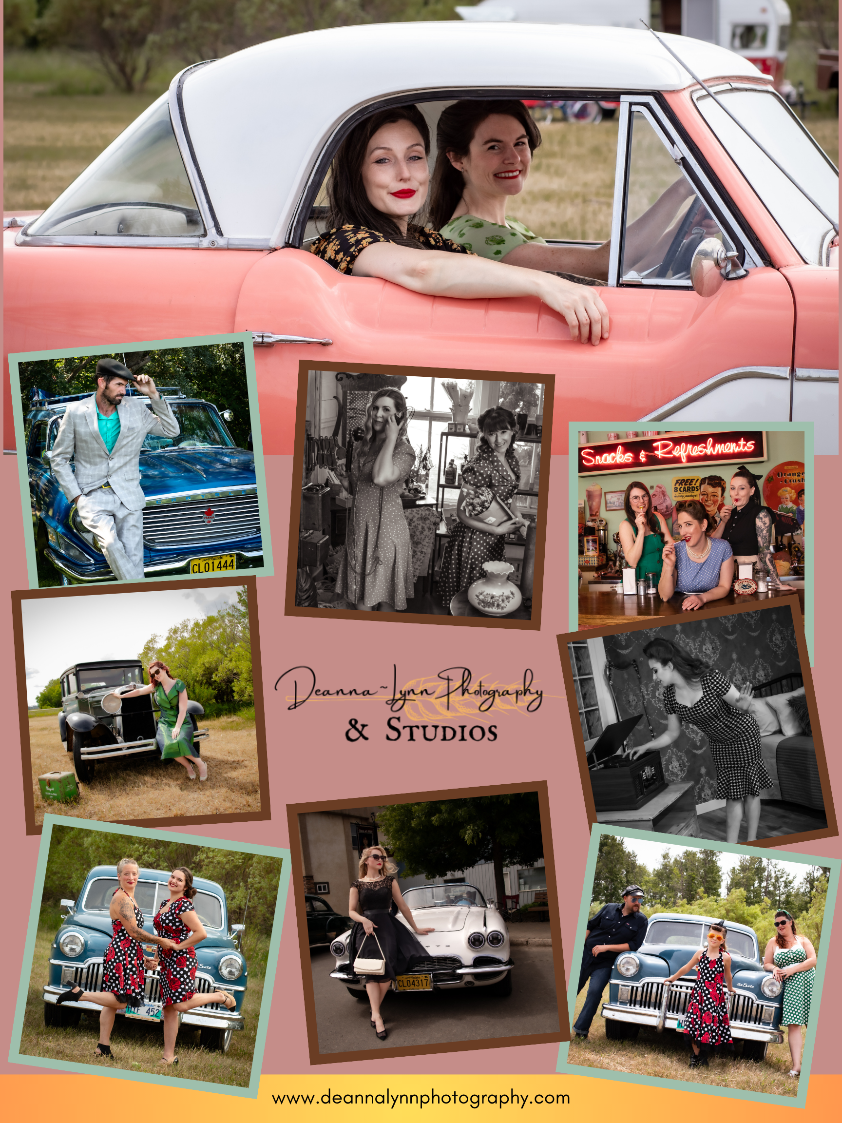 Two women are sitting in a pink car with a collage of photos.
