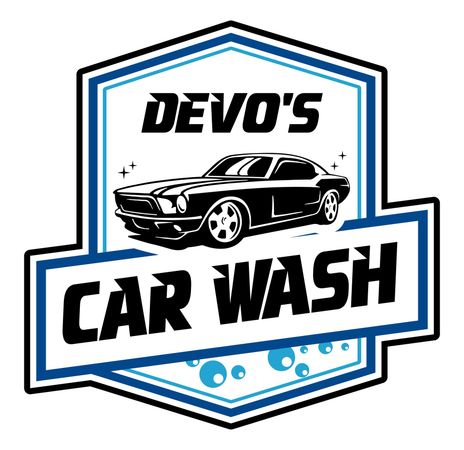 Devo’s Car Wash logo with a black classic car and blue-accented shield emblem