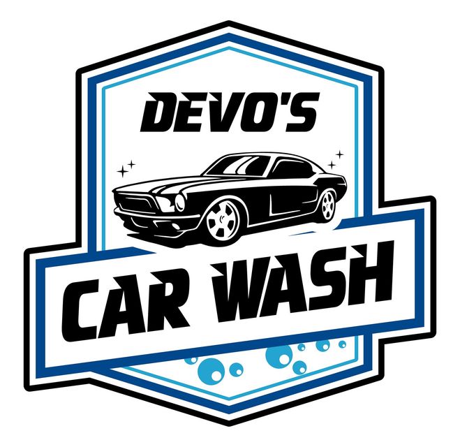 Devo’s Car Wash logo with a black classic car and blue-accented shield emblem