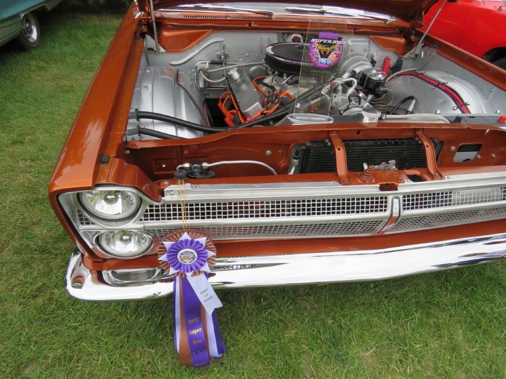 A brown car with a purple ribbon on the front
